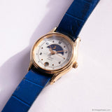 Vintage Gold-tone Moonphase Timex Watch for Women Blue Leather Strap