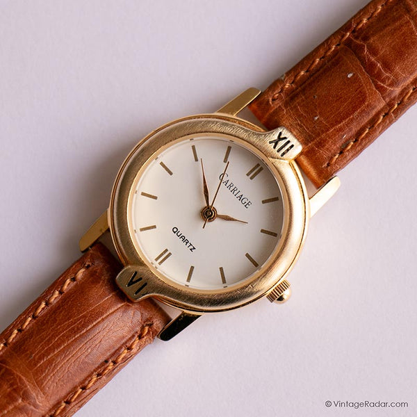 Vintage Gold-tone Carriage Ladies Quartz Watch with Brown Leather Strap