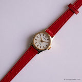 Tiny Vintage Gold-tone Timex Watch for Women with Red Leather Strap