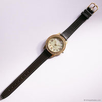 Vintage Gold-tone Watch for Ladies with White Gemstones & Brown Strap