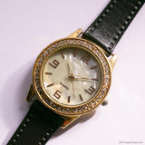 Vintage Gold-tone Watch for Ladies with White Gemstones & Brown Strap