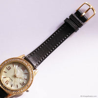 Vintage Gold-tone Watch for Ladies with White Gemstones & Brown Strap