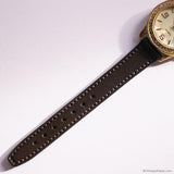 Vintage Gold-tone Watch for Ladies with White Gemstones & Brown Strap