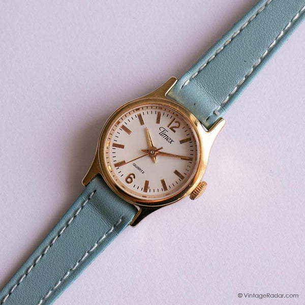 Vintage Gold-Ton Timex Damen Uhr mit hellblauem Gurt