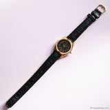 Vintage Gold-tone Louis Jourdan Women's Watch with Black Strap & Dial