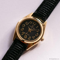 Vintage Gold-tone Louis Jourdan Women's Watch with Black Strap & Dial