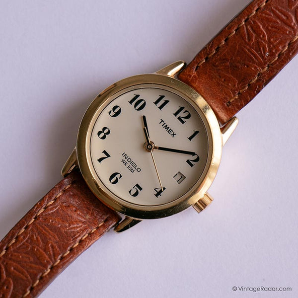 Antiguo Timex Damas indiglo reloj con correa floral marrón