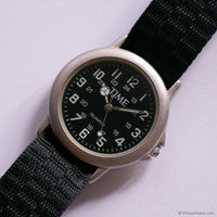 Vintage Silver-tone Black-Dial TIME Quartz Watch with Black NATO Strap