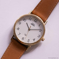 Vintage 34mm Gold-tone Timex Indiglo Quartz Watch Unisex Brown Strap