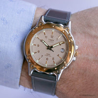 Vintage Gold-tone Timex Quartz Watch for Men with Gray Leather Strap