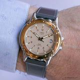 Vintage Gold-tone Timex Quartz Watch for Men with Gray Leather Strap