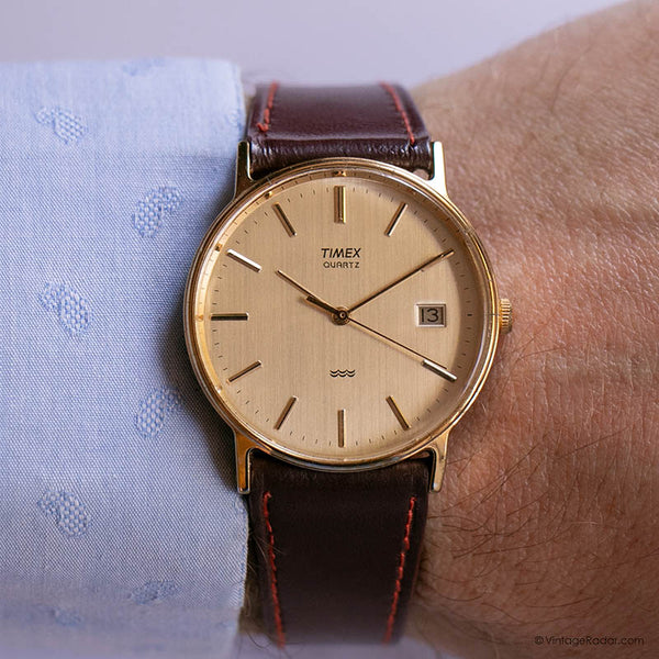 Vintage Gold-tone Timex Date Watch for Men with Brown Leather Strap