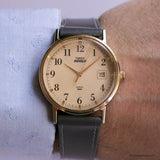 Vintage Gold-tone Timex Watch for Men with Champagne Dial & Gray Strap