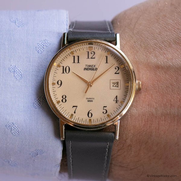 Vintage Gold-tone Timex Watch for Men with Champagne Dial & Gray Strap