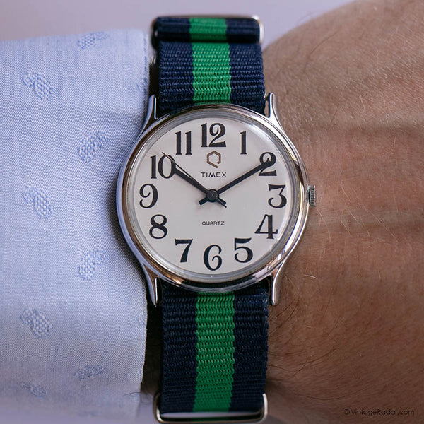 Vintage Silver-tone Timex Quartz Watch for Men Blue & Green Nato Strap