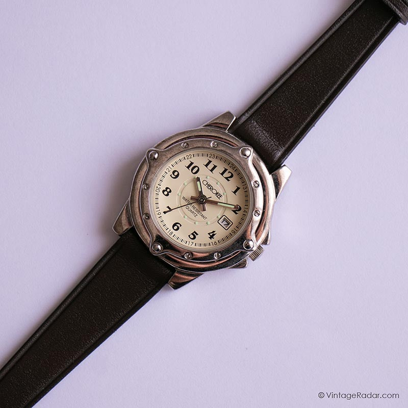 Vintage Silver-tone Cherokee Quartz Watch for Women with Brown Strap ...