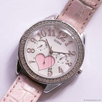 Vintage Silver-tone Guess Watch for Her with Gemstones and Pink Strap