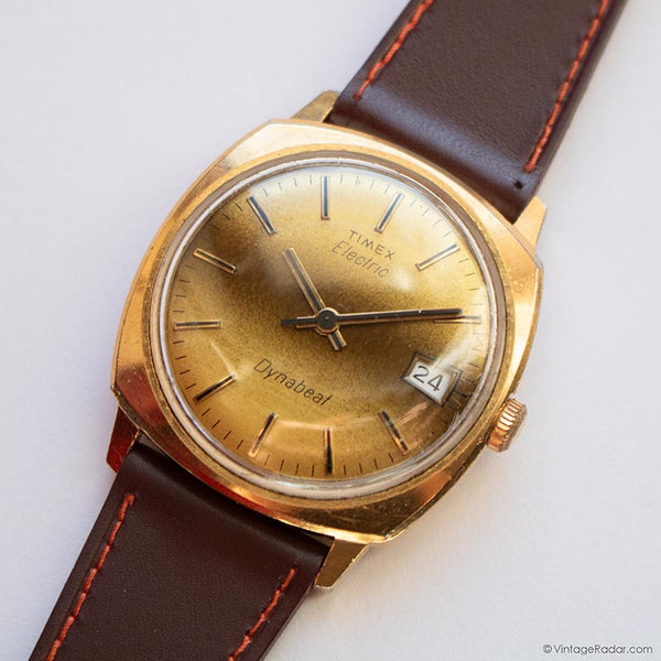 Vintage Timex Electric Dynabeat Date Watch for Men with Brown Strap