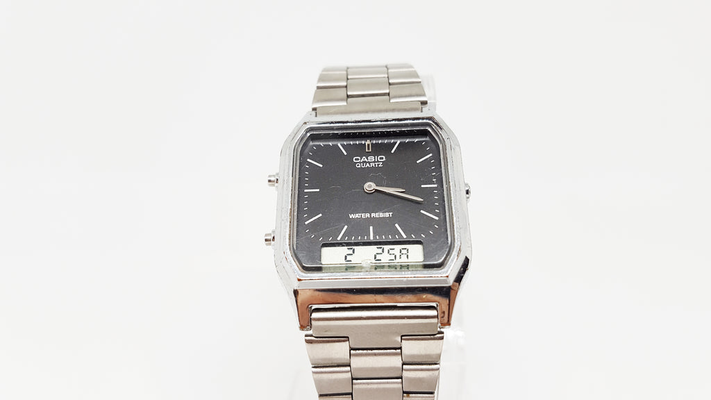 Silvertone Casio Quartz Watch Double Digital and Analog Display Vintage Radar