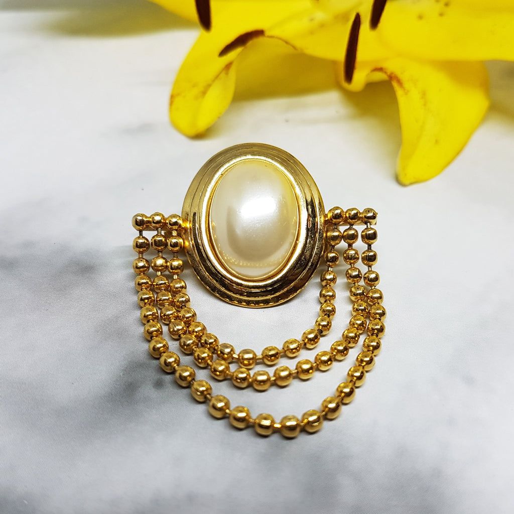 Broche Ajourée Vintage – Plaqué Or Avec Perle Blanche, Bijou Ancien