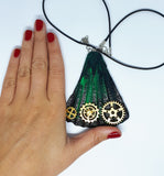 Emerald Green Handmade Necklace with Gold-tone Watch Movement Wheels - Vintage Radar