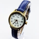Ladies Tiny Gold Timex Indiglo Date Watch | Small Blue Leather Timex Watch - Vintage Radar