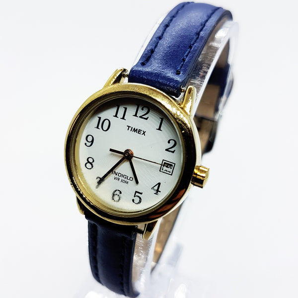 Ladies Tiny Gold Timex Indiglo Date Watch | Small Blue Leather Timex Watch - Vintage Radar
