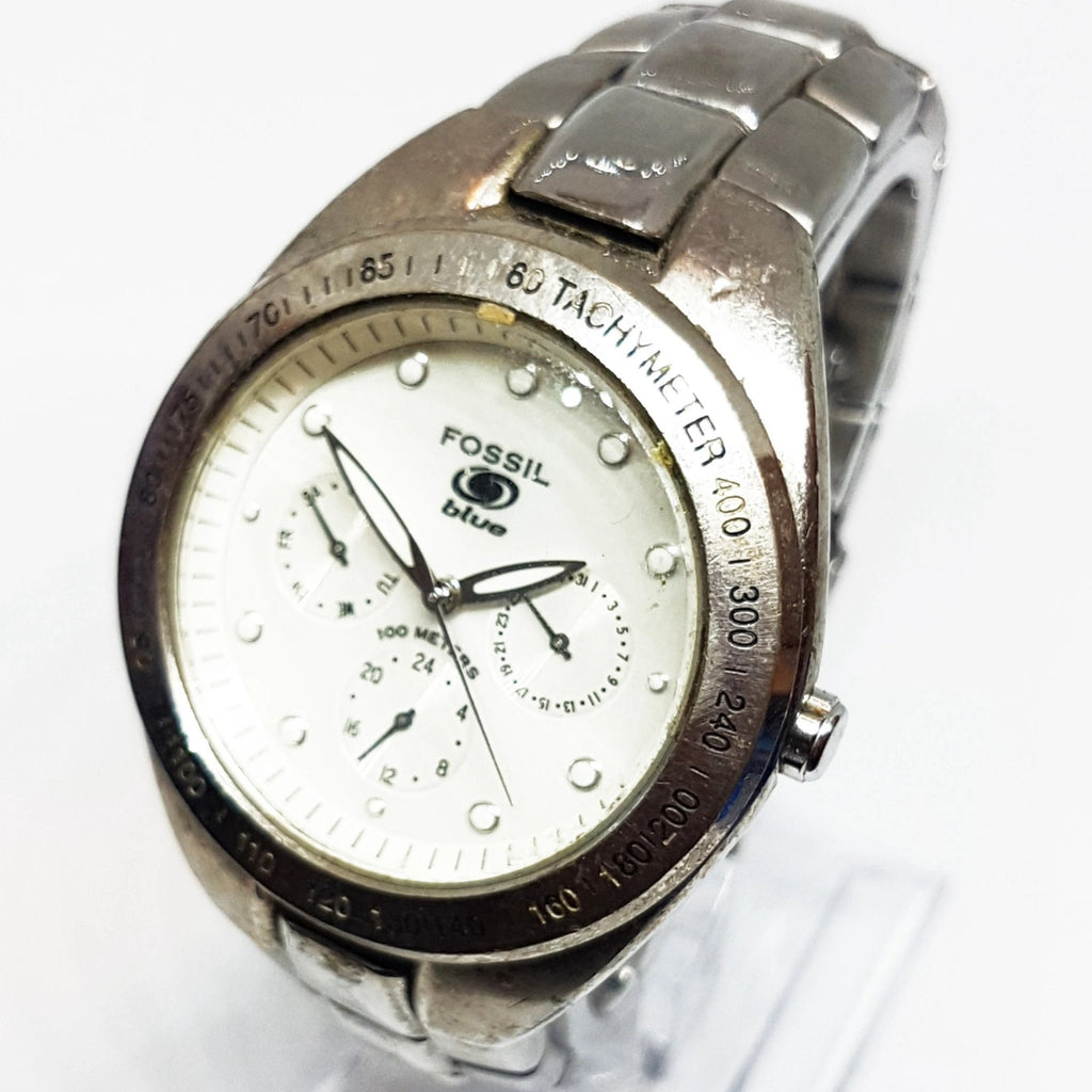 Vintage Fossil Chronograph Watch Silvertone Fossil Tachymeter Watch
