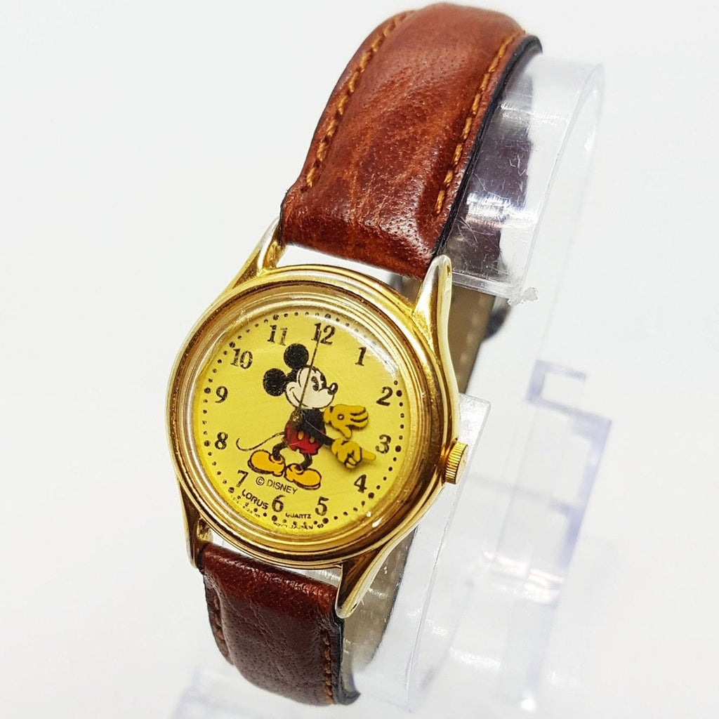 Lorus Mickey Mouse Watch V515 6128 Gold Dial Brown Leather Strap ...