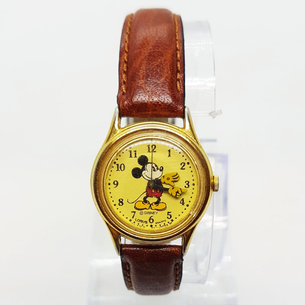 Lorus Mickey Mouse Watch V515 6128 Gold Dial Brown Leather Strap ...