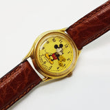 Lorus Mickey Mouse reloj V515 6128 Gold Dial Brown Cuero Correa