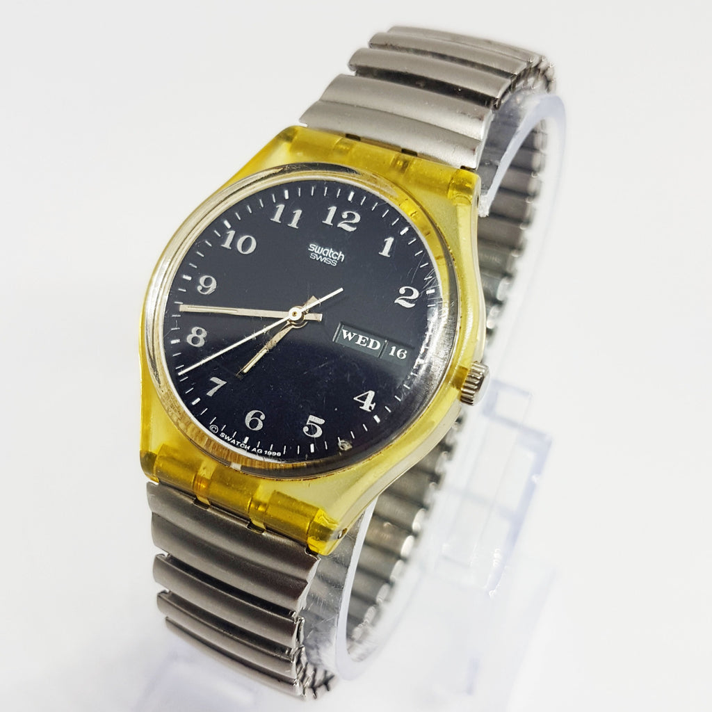 Vintage Swiss Made 1996 Classic Swatch Watch Dual Date Black Dial