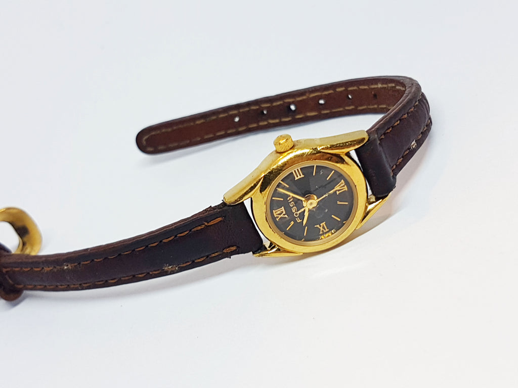 Tiny Goldtone Fossil Watch Vintage Navy Blue Dial Fossil Watch