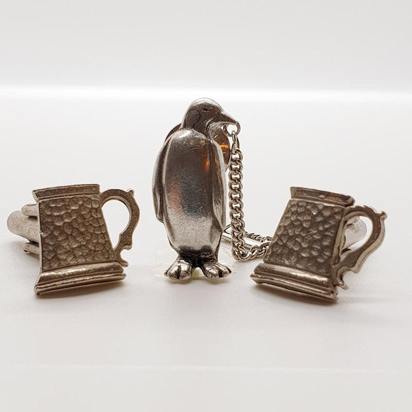 Tac à pingouin vintage épingle à tampons et bouffées de poignard de bière à tons argentés