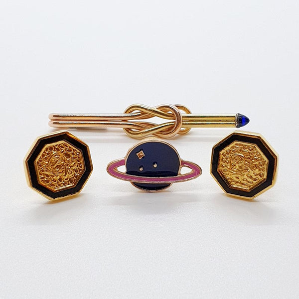 Gematinks de tonos dorados antiguos, clip de corbata de tonos dorados y pin de planeta de Saturno