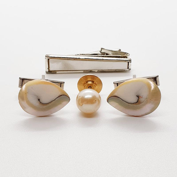 Gemelli perle bianchi vintage, clip tono in argento e perno
