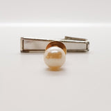 Gemelli perle bianchi vintage, clip tono in argento e perno