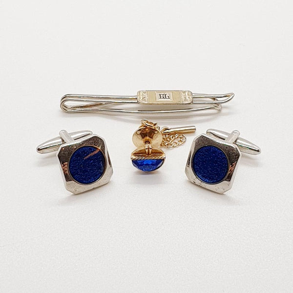 Gemelli in cristallo blu vintage, clip tono in argento e perno di pietra blu