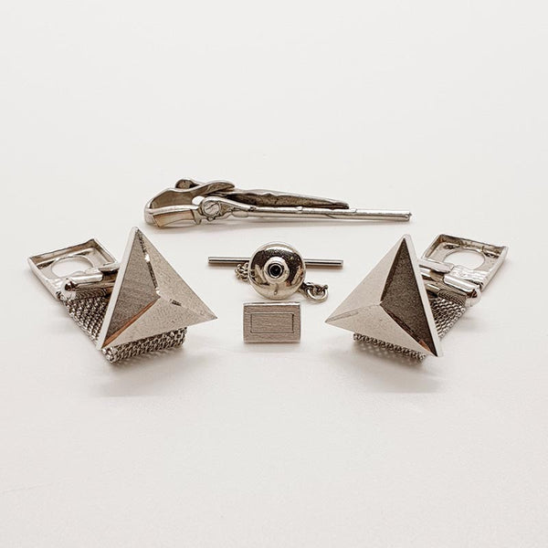 Vintage Silver-tone Triangle Cufflinks, Minimalist Tie Clip & Pin