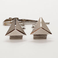 Vintage Silver-Tone-Dreieck Manschettenknöpfe, minimalistischer Krawattenclip & Pin