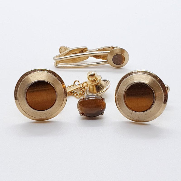 Accessoires de combinaison de tons d'or vintage: boutons de manchette, pignon de clip et de cravate