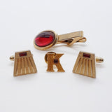 Vintage Gold-tone Cufflinks, "K" Letter Tie Pin & Red Stone Tie Clip
