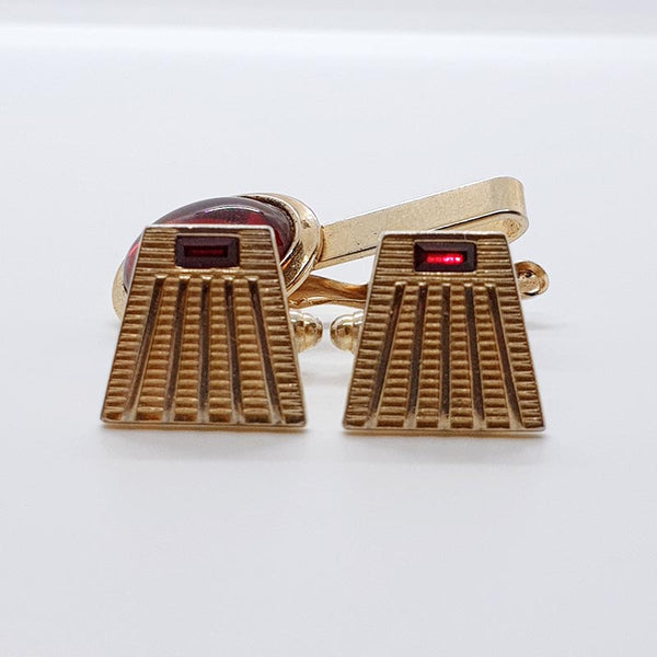 Vintage Gold-tone Cufflinks, K Letter Tie Pin & Red Stone Tie