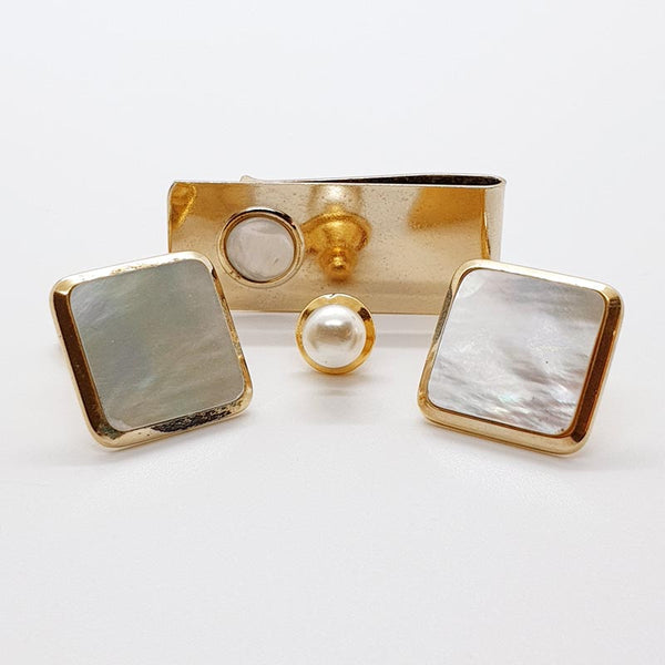 Vintage Pearly Square Cufflinks, Gold-tone Tie Pin & Pearl Tie Pin