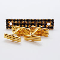 Vintage Black & Gold Rectangular Cufflinks & Rectangular Tie Clip