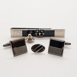 Gematinles negros y plateados vintage, clip de corbata rectangular y alfiler redondo