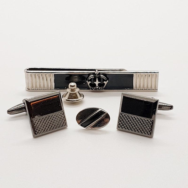 Gematinles negros y plateados vintage, clip de corbata rectangular y alfiler redondo