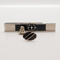 Vintage Black & Silver Cufflinks, Rectangular Tie Clip & Round Pin