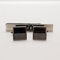 Vintage Black & Silver Manschettenknöpfe, rechteckige Krawattenclip und runde Stift