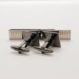 Vintage Black & Silver Cufflinks, Rectangular Tie Clip & Round Pin
